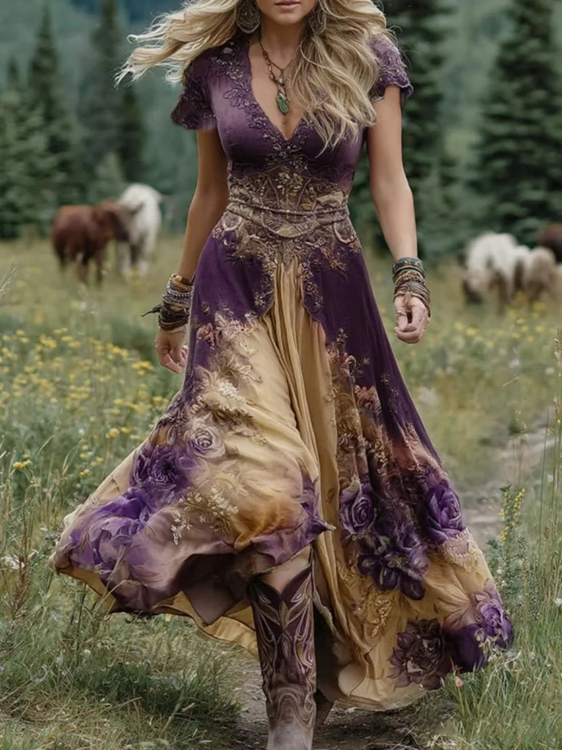 Κομψό μακρύ φόρεμα με φλοράλ τύπωμα