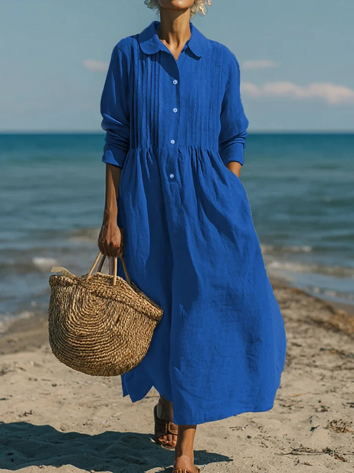 Γυναικείο casual φόρεμα από λινό και βαμβάκι με πτυχωτή τσέπη