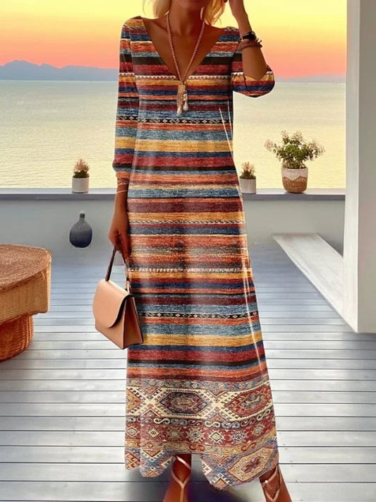 Vestido vintage comprido às riscas para mulher com gola longa e manga comprida para o dia a dia