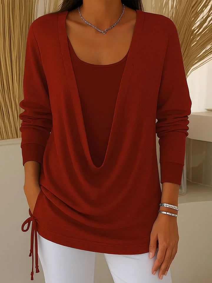 Γυναικείο μονόχρωμο πουκάμισο με μακριά μανίκια και πέτο, σετ δύο τεμαχίων