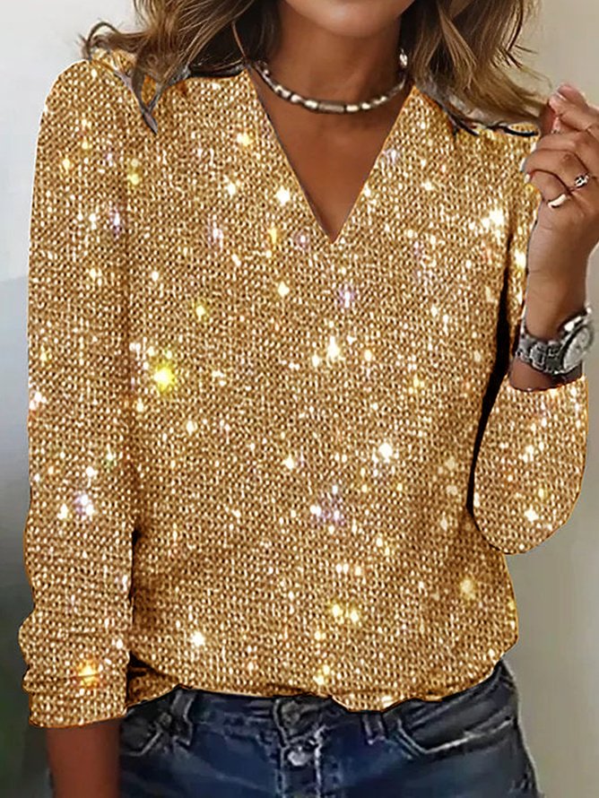 Γυναικείο T-shirt με μακριά μανίκια, Μονόχρωμο, με V λαιμόκοψη, Άνοιξη/Φθινόπωρο, Casual, Για έξω, Καθημερινά