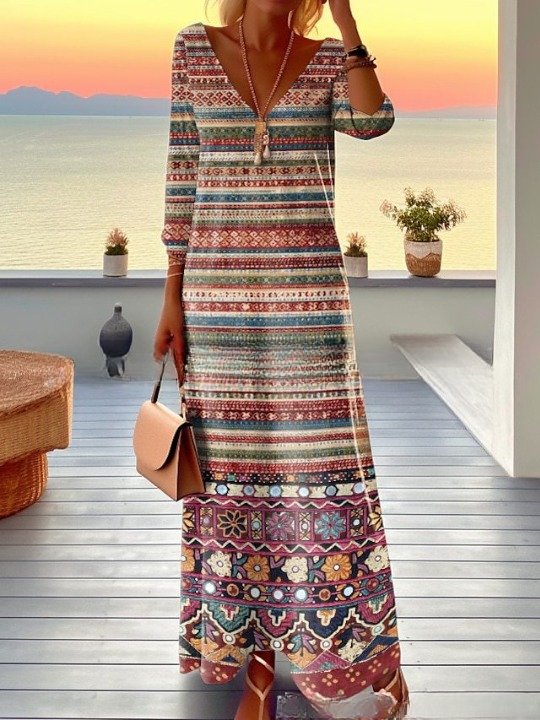 Vestido vintage comprido às riscas para mulher com gola longa e manga comprida para o dia a dia