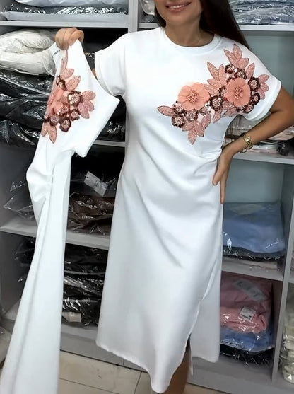 💖 Καλοκαιρινές Εκπτώσεις 50% 🌼Γυναικεία φλοράλ φούστα με στρογγυλή λαιμόκοψη και τρισδιάστατη εκτύπωση