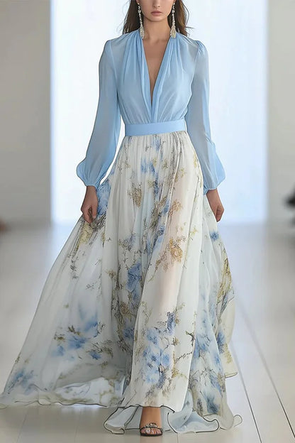 Κομψό μακρύ φόρεμα με φλοράλ τύπωμα, V ντεκολτέ και μακριά μανίκια