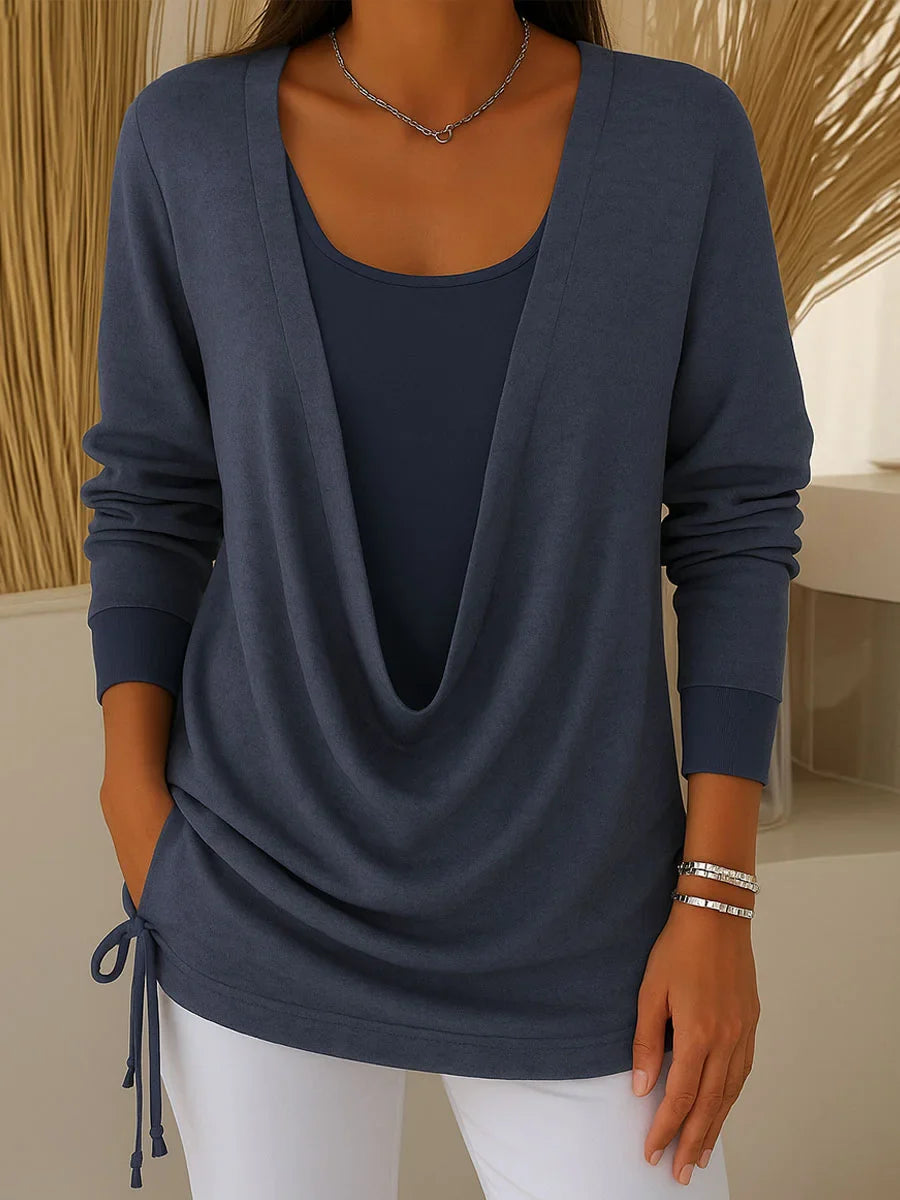 Γυναικείο μονόχρωμο πουκάμισο με μακριά μανίκια και πέτο, σετ δύο τεμαχίων