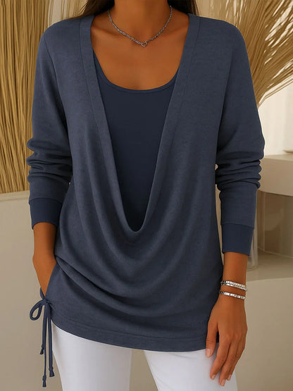 Γυναικείο μονόχρωμο πουκάμισο με μακριά μανίκια και πέτο, σετ δύο τεμαχίων