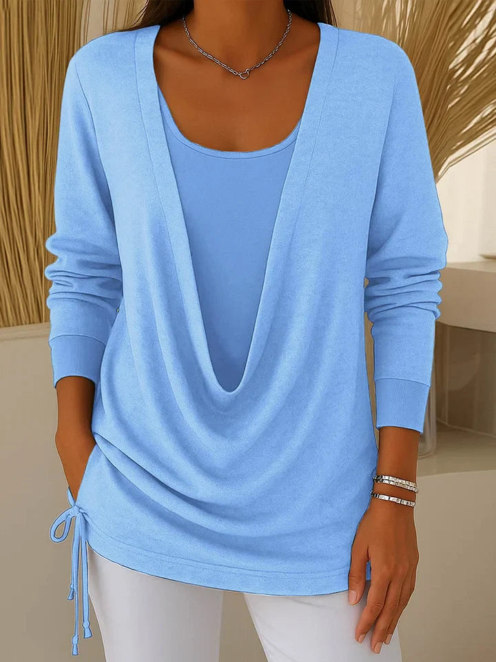 Γυναικείο μονόχρωμο πουκάμισο με μακριά μανίκια και πέτο, σετ δύο τεμαχίων