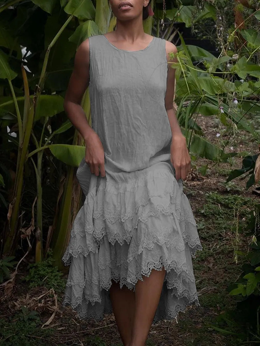 Μονόχρωμο αμάνικο φόρεμα με δαντέλα