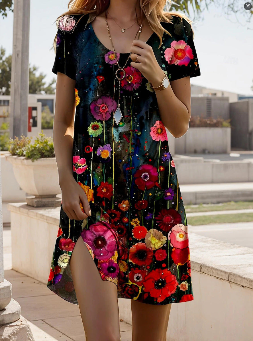 Φόρεμα με στάμπα, στρογγυλή λαιμόκοψη και κοντά μανίκια