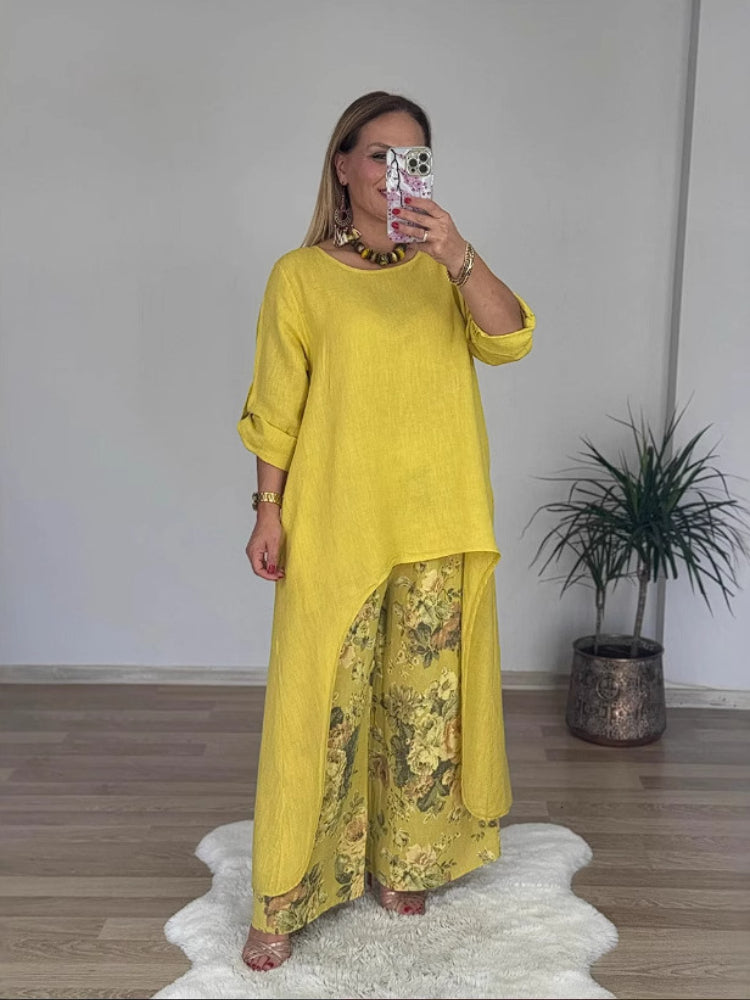 Casual κοστούμι από βαμβάκι και λινό με ακανόνιστη μπλούζα και φαρδύ παντελόνι