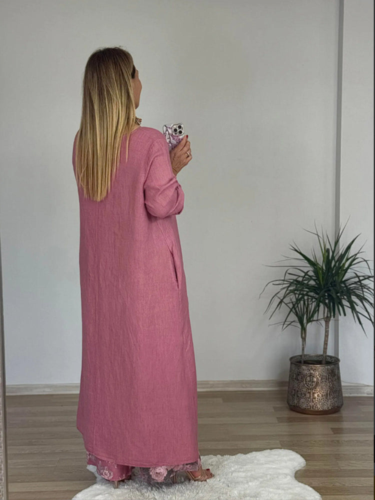 Casual κοστούμι από βαμβάκι και λινό με ακανόνιστη μπλούζα και φαρδύ παντελόνι