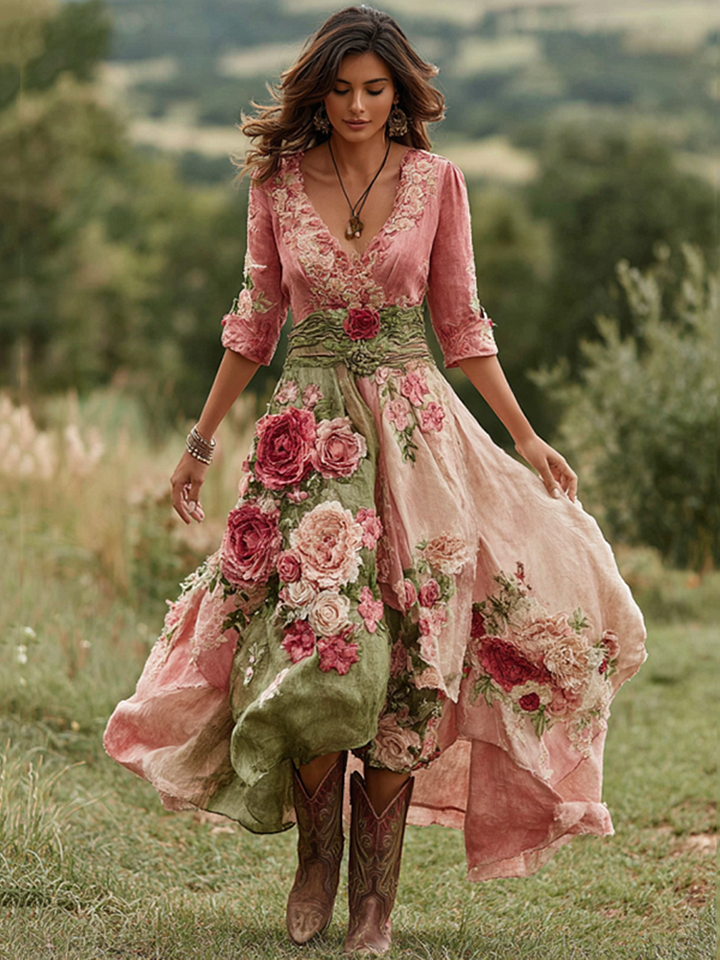 Γυναικείο vintage φόρεμα με φλοράλ ντεκολτέ και V λαιμόκοψη από λινό μείγμα 2025