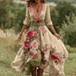 Γυναικείο vintage φόρεμα με φλοράλ ντεκολτέ και V λαιμόκοψη από λινό μείγμα 2025