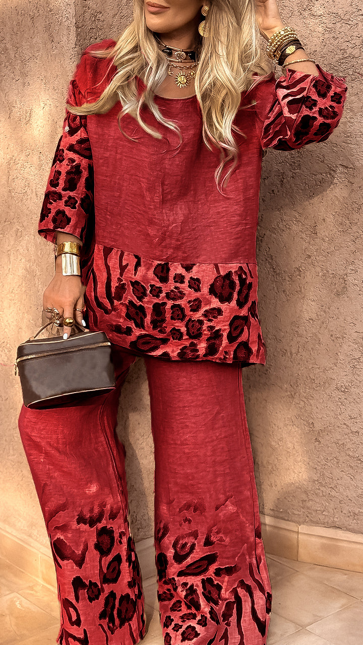 Γυναικείο casual κοστούμι από βαμβάκι και λινό με λεοπάρ τύπωμα και στρογγυλή λαιμόκοψη
