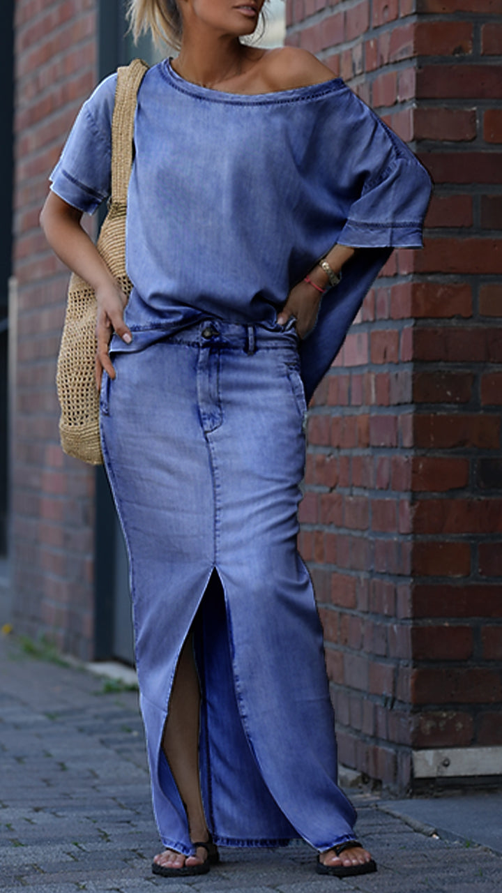 Γυναικείο casual τζιν κοστούμι Tencel με στρογγυλή λαιμόκοψη