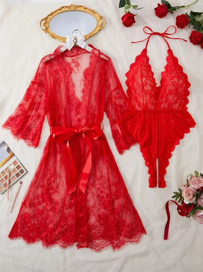 Conjunto de camisola de renda para mulher