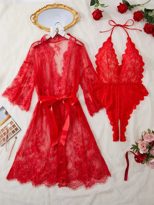 Conjunto de camisola de renda para mulher