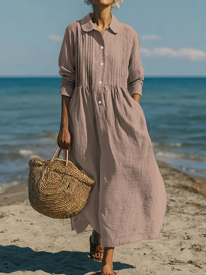 Γυναικείο casual φόρεμα από λινό και βαμβάκι με πτυχωτή τσέπη