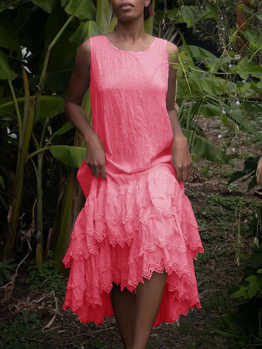 Μονόχρωμο αμάνικο φόρεμα με δαντέλα