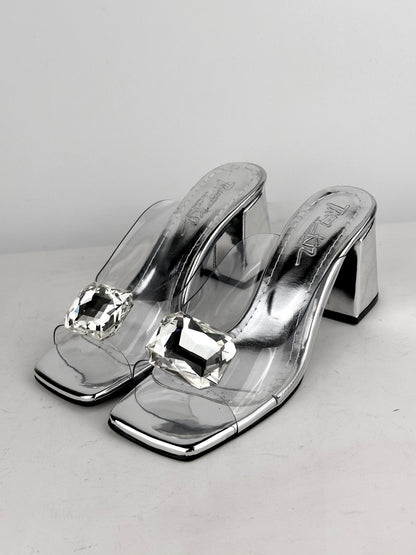 Καλοκαίρι 2025, τετράγωνη μύτη, χοντρό τακούνι, διαφανές, κρύσταλλο, ψηλοτάκουνο