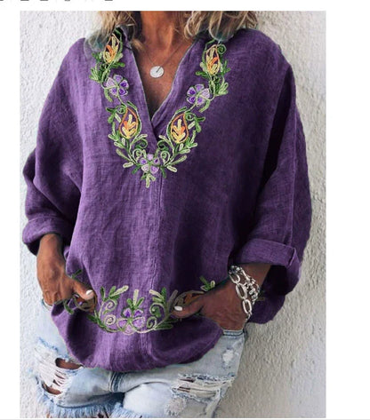 Γυναικείο casual πουκάμισο σε μωβ λαιμόκοψη με φλοράλ μοτίβο