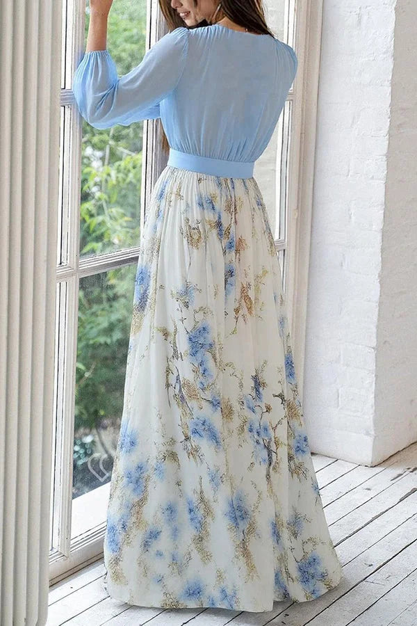 Κομψό μακρύ φόρεμα με φλοράλ τύπωμα, V ντεκολτέ και μακριά μανίκια