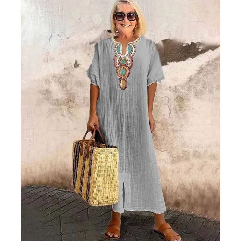 [S-4XL]🌿 Φόρεμα με φαρδιά γραμμή και κέντημα από βαμβάκι και λινό