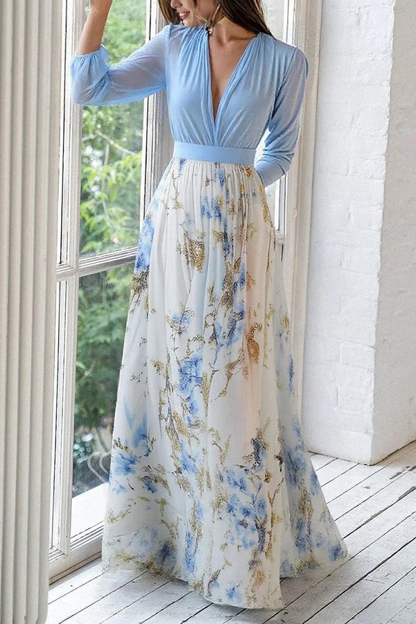 Κομψό μακρύ φόρεμα με φλοράλ τύπωμα, V ντεκολτέ και μακριά μανίκια