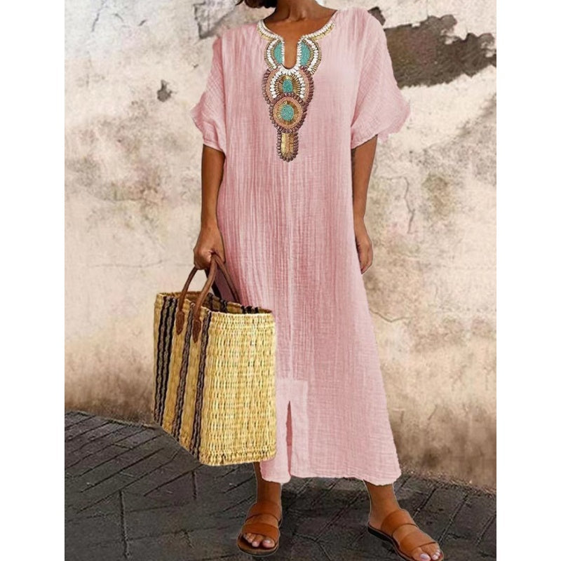 [S-4XL]🌿 Φόρεμα με φαρδιά γραμμή και κέντημα από βαμβάκι και λινό