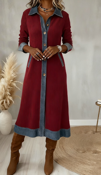 Κοτλέ φόρεμα μίντι με τζιν patchwork και γραμμή Α