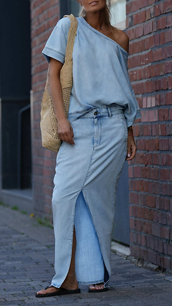 Γυναικείο casual τζιν κοστούμι Tencel με στρογγυλή λαιμόκοψη