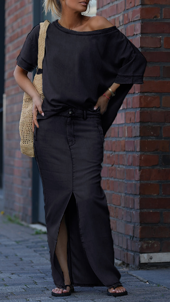 Γυναικείο casual τζιν κοστούμι Tencel με στρογγυλή λαιμόκοψη