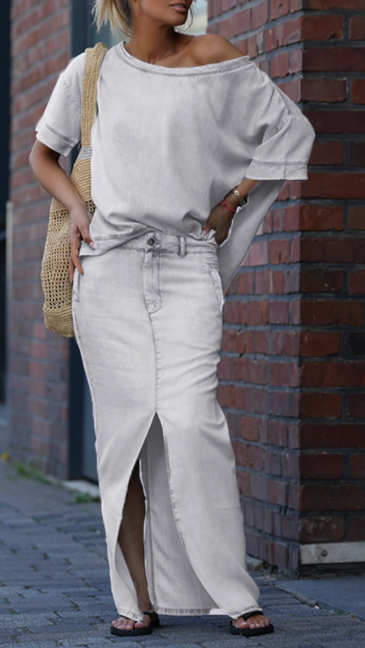Γυναικείο casual τζιν κοστούμι Tencel με στρογγυλή λαιμόκοψη